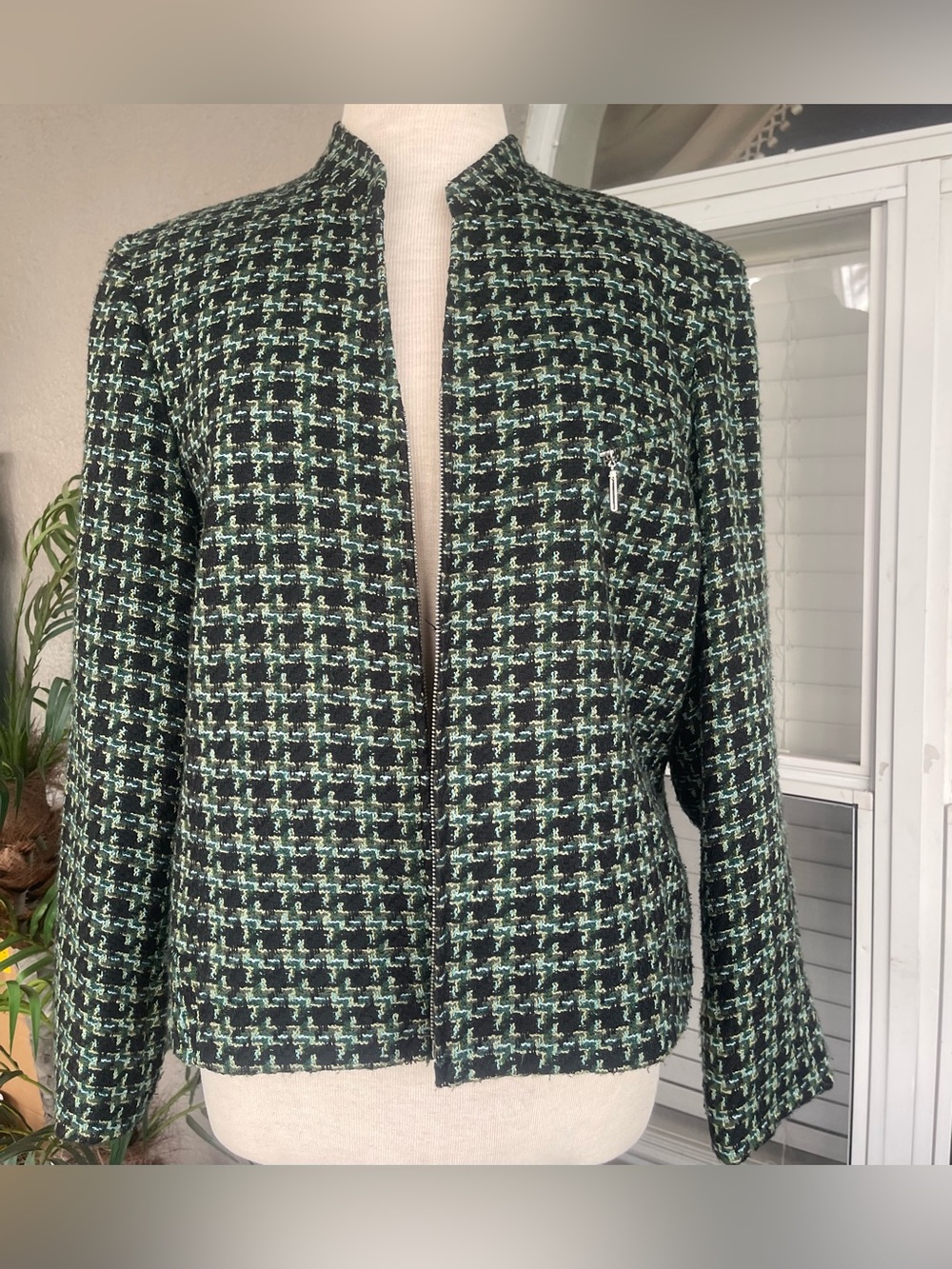 Rena Rowan Black and Mint Green Tweed Open Jacket